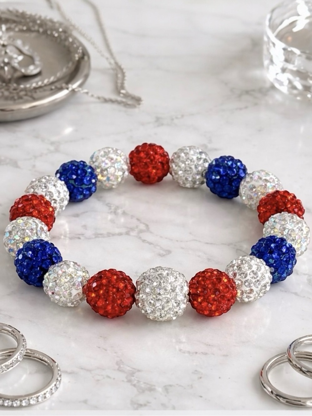 Hand Crafted Crystal Rhinestone Ball Patriotic Bracelet
